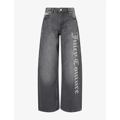 Juicy Couture Womens Diamanté-logo Wide Leg Cotton Jeans Washed Black Denim