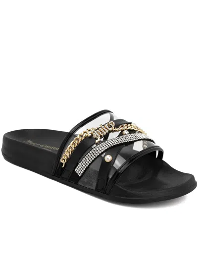 Juicy Couture Womens Embellished Vinyl Slide Sandals In Black