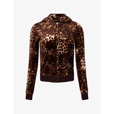 Juicy Couture Womens Java Abstract Animal Embroidered-logo Leopard-print Velour Hoodie Xs In Brown