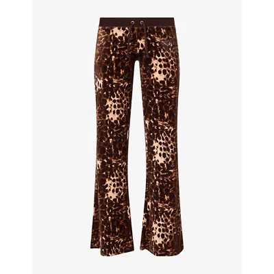 Juicy Couture Womens Java Abstract Animal Embroidered-logo Leopard-print Velour Jogging Bottoms Xs In Brown