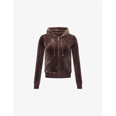 Juicy Couture Womens Java Logo-embroidered Drawstring-hood Velour Hoody In Brown