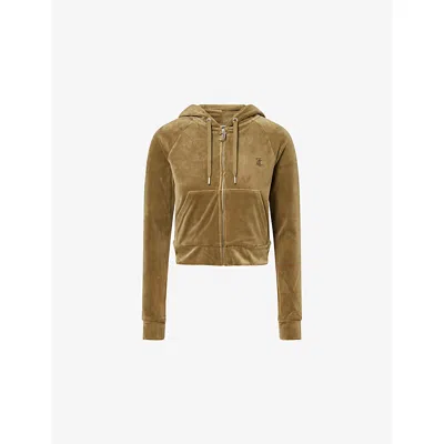 Juicy Couture Womens Dark Olive Madison Rhinestone-logo Velour Hoody Xl In Green