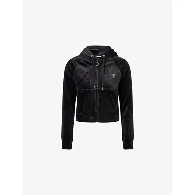 Juicy Couture Womens Black Rhinestone-logo Zip-up Velour Hoody Xs