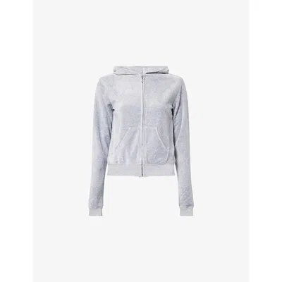 Juicy Couture Womens Silver Marl Slip-pocket Brand-embroidery Cotton-blend Hoody