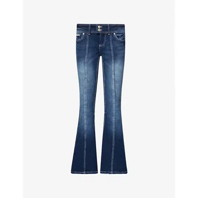 Juicy Couture Womens Mid Wash Denim Crest-embroidered Flared Denim Jeans