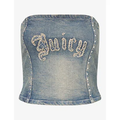 Juicy Couture Womens Studded Denim Cotton Corset Top Mid Wash Sand Xs In Blue