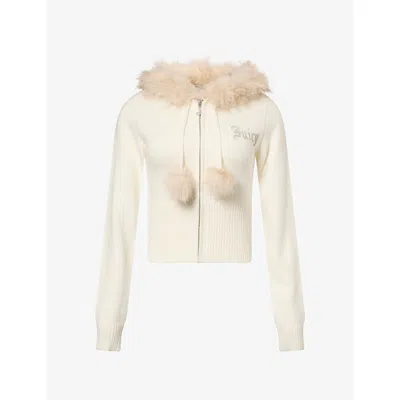 Juicy Couture Womens Sugar Swizzle Crystal-embellished Faux-fur Knit Hoodie In Neutral