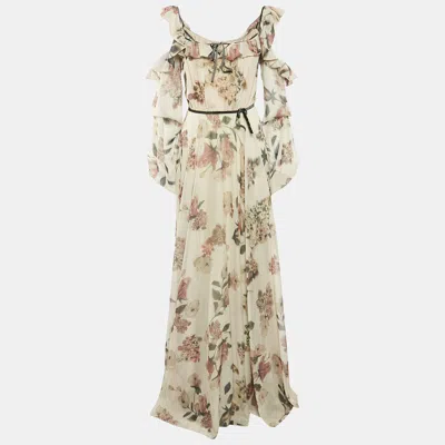 Pre-owned Julea Domani Beige Floral Print Crepe Cold Shoulder Maxi Dress M