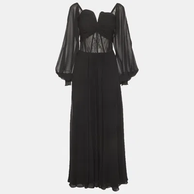 Pre-owned Julea Domani Black Chiffon And Lace Ruched Flared Maxi Dress M