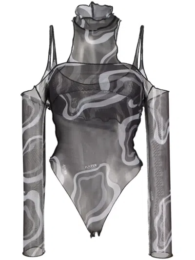 Julfer Janet Semi-sheer Layered Bodysuit In Black