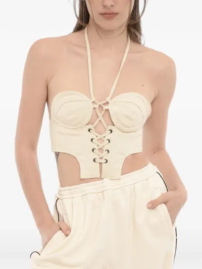 Julfer Lace-up Halterneck Crop Top In Neutrals