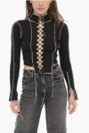 JULFER RIBBED LONG SLEEVE CROP TOP WITH LACE-UP DETAIL