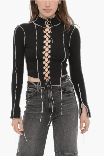 Julfer Ribbed Long Sleeve Crop Top With Lace-up Detail In Black