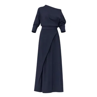 Julia Allert Blue Draped Boat-neck Blouse & Wrap Midi Skirt Set – Navy