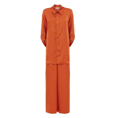 Julia Allert Chic Satin Shirt And Pants Two-piece Set Orange