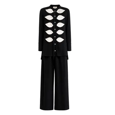 Julia Allert Lightweight Crinkled Blouse & Wide-leg Pants Co-ord Set – Black