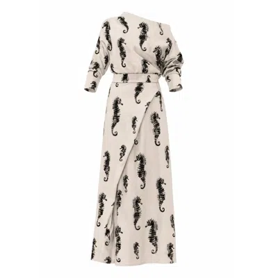 Julia Allert Neutrals Boat Neck Blouse & Wrap Skirt Co-ord Set - Light Beige Seahorse Print In White