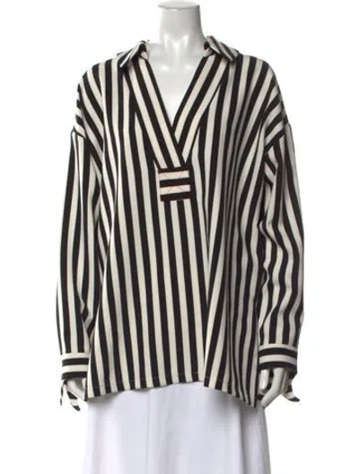 Pre-owned Julia Allert Striped V-neck Blouse In Black/white