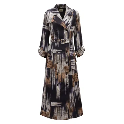 Julia Allert Women's Black / Brown Belted Double-breasted Trench Dress Smoky Abstract Print