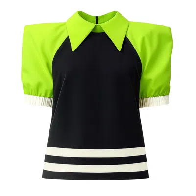 Julia Allert Women's Black / Green Designer Black Blouse Puff Sleeves Lime