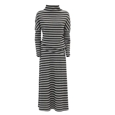 Julia Allert Women's Black / Grey Rib Knit Suit Asymmetric Blouse & Basic Skirt Striped Lurex In Black/grey
