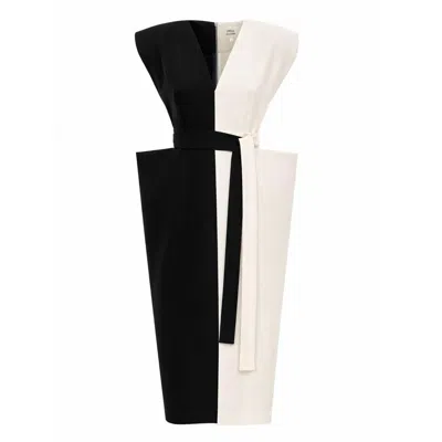 Julia Allert Women's Black / Neutrals Fashion Midi Dress With Belt And Bold Shoulders – Black & Ivory In Multi