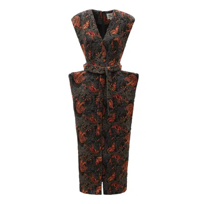 Julia Allert Women's Black / Red Fashion Midi Dress With Belt And Bold Shoulders Jacquard Black Red In Black/red
