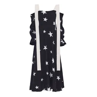 Julia Allert Women's Black / White Off-shoulder Midi Dress With Contrast Straps – Print Stars In Pattern
