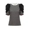 Julia Allert Women's Black / White Striped Knit Blouse With Mesh Puff Sleeves In Black/white