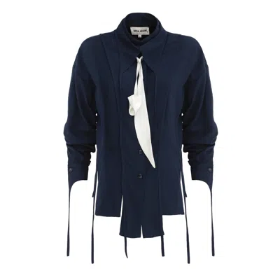 Julia Allert Women's Blue Artistic Asymmetric Textured Viscose Blouse - Navy