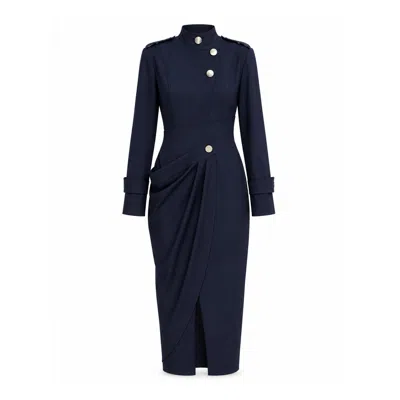 Julia Allert Women's Blue Asymmetric Draped Sheath Midi Dress – Navy