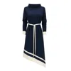 Julia Allert Women's Blue / Neutrals Asymmetric Midi Dress With Belt & Long Sleeves - Navy Ivory In Blue