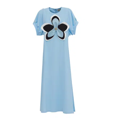 Julia Allert Women's Blue / White Silky Touch Midi Light Blue Dress With Handmade Floral Appliqué In Blue/white