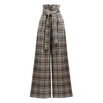 Julia Allert Women's Brown High Waist Long Wide Leg Trousers – Beige Plaid