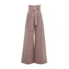 Julia Allert Women's Brown High Waist Long Wide Leg Trousers Warm Taupe With White Grid In Brown