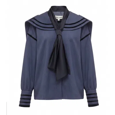 Julia Allert Women's Contrast Piping Sailor Collar Tie Front Blouse – Blue