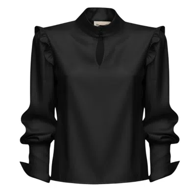 Julia Allert Women's Designer Satin Blouse With Bishop Sleeves And Stand Collar – Black