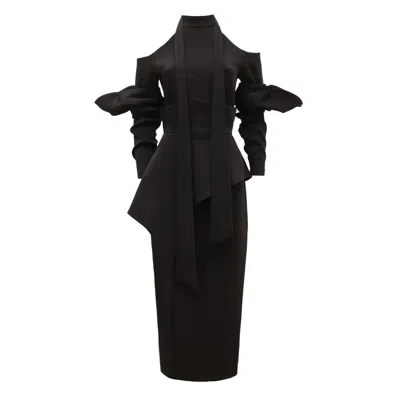 Julia Allert Women's Fashion Cold-shoulder Midi Dress With Asymmetrical Belt Black