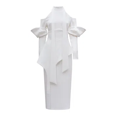 Julia Allert Women's Fashion Cold-shoulder Midi Dress With Asymmetrical Belt White