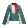 Julia Allert Women's Green Designer Blouse With Contrast Sleeves Turquoise In Green