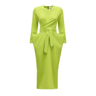 Julia Allert Women's Green / Gold Designer Midi Dress With Belt Lime Green