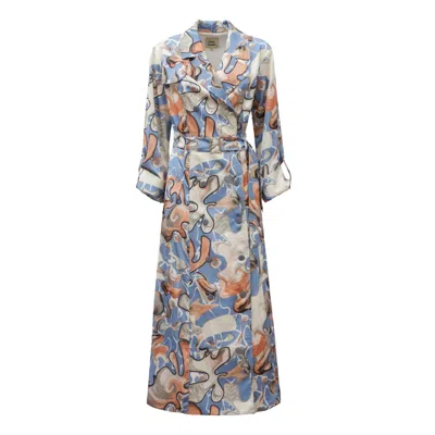 Julia Allert Women's Grey / Blue Belted Double-breasted Trench Dress Pastel Abstract Print