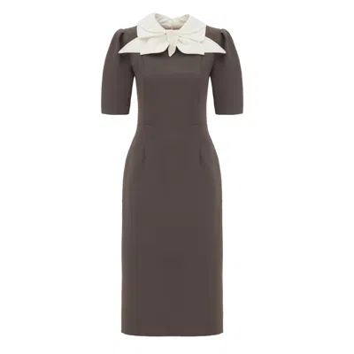 Julia Allert Women's Grey / Brown Elegant Midi Dress With Contrast Bow Collar – Taupe