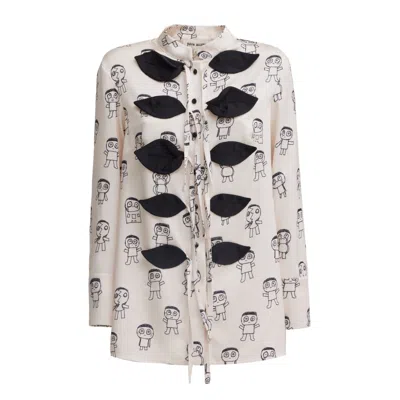 Julia Allert Women's Neutrals / Black Art Print Longline Tie Front Blouse – Ivory