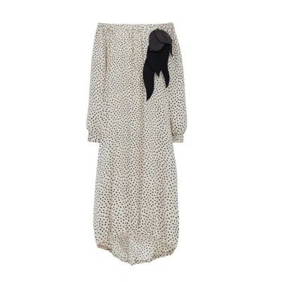 Julia Allert Women's Neutrals / Black Polka Dot Crepe Oversized Dress With Flower Detail