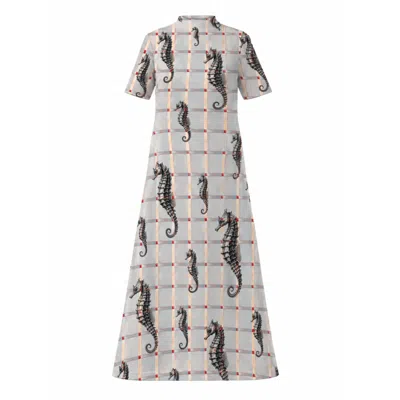 Julia Allert Women's Neutrals / Blue Ivory Seahorse Grid Print Fluid A-line Dress – Capsule Edition In Multi