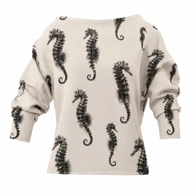 Julia Allert Women's Neutrals Boat Neck Draped Blouse - Light Beige Seahorse Print In White