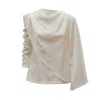 Julia Allert Women's Neutrals Draped Satin Blouse With Asymmetrical Sleeve Ivory In White
