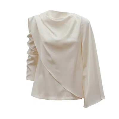 Julia Allert Women's Neutrals Draped Satin Blouse With Asymmetrical Sleeve Ivory In White