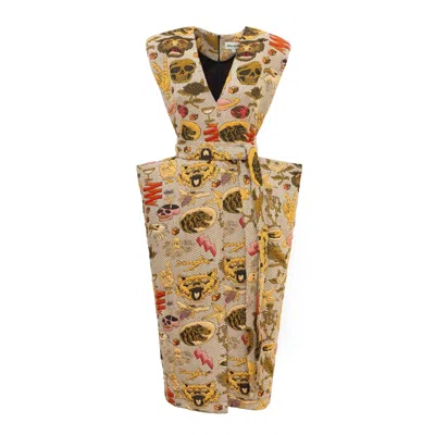 Julia Allert Women's Neutrals Fashion Midi Dress With Belt And Bold Shoulders Jacquard In Multi